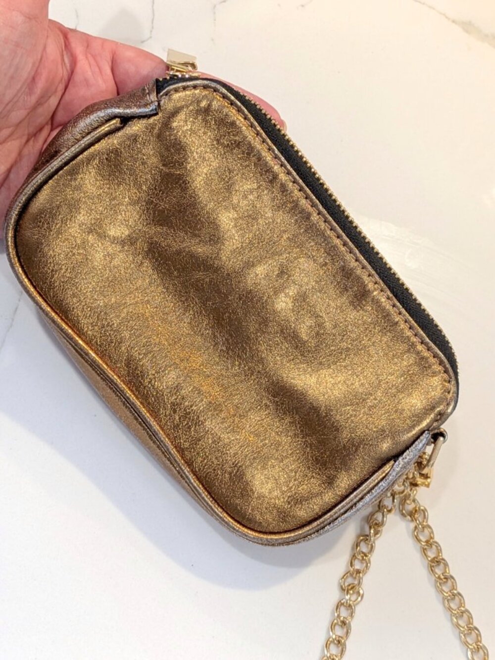 Gold Metallic 100% Leather Clutch Wristlet Purse CC Skye